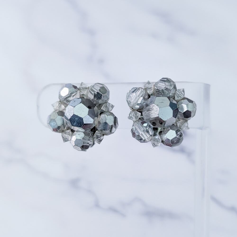 Vintage Clip On Earrings Silver Tone Beaded Cluster - Fair Condition